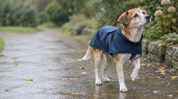 Small tan-and-white dog wearing a navy coat on a wet garden path