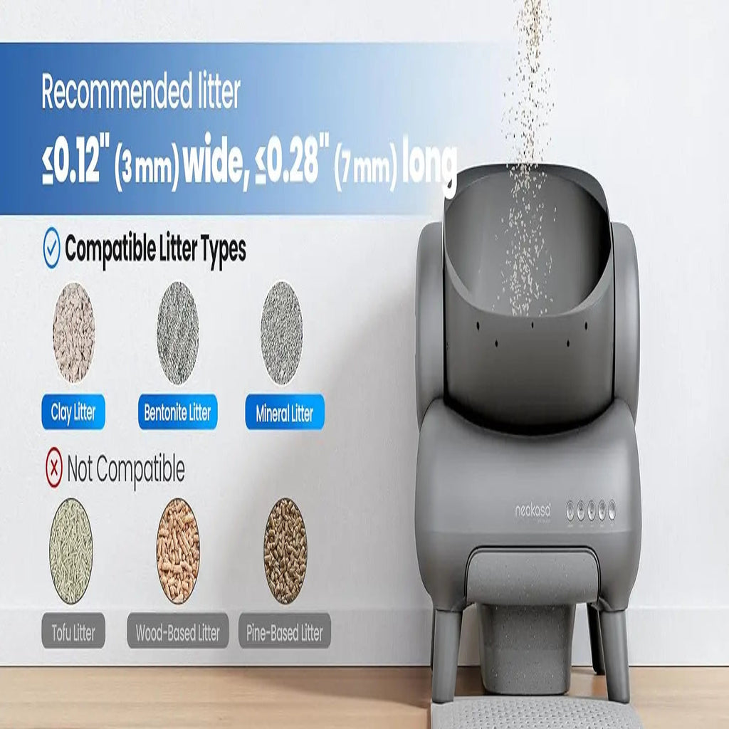 Gray litter box with compatibility chart for cat litter types on a white background