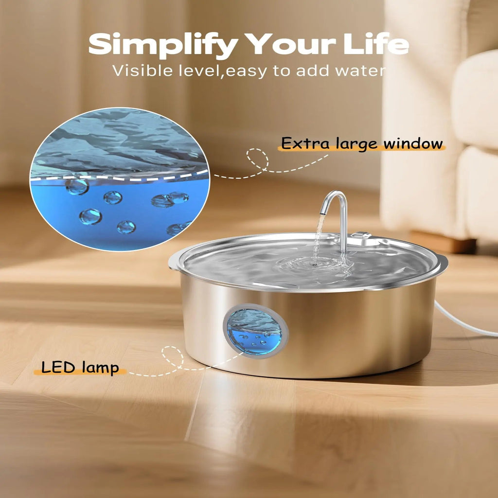 Stainless steel pet water fountain with LED lamp on a wooden surface, featuring text highlighting features.