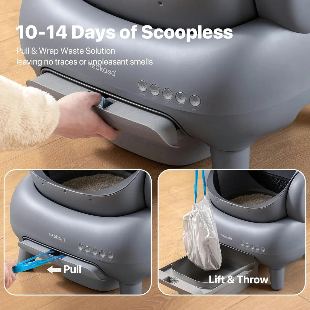 Pet waste management system with text '10-14 Days of Scoopless' and instructions on using the device.