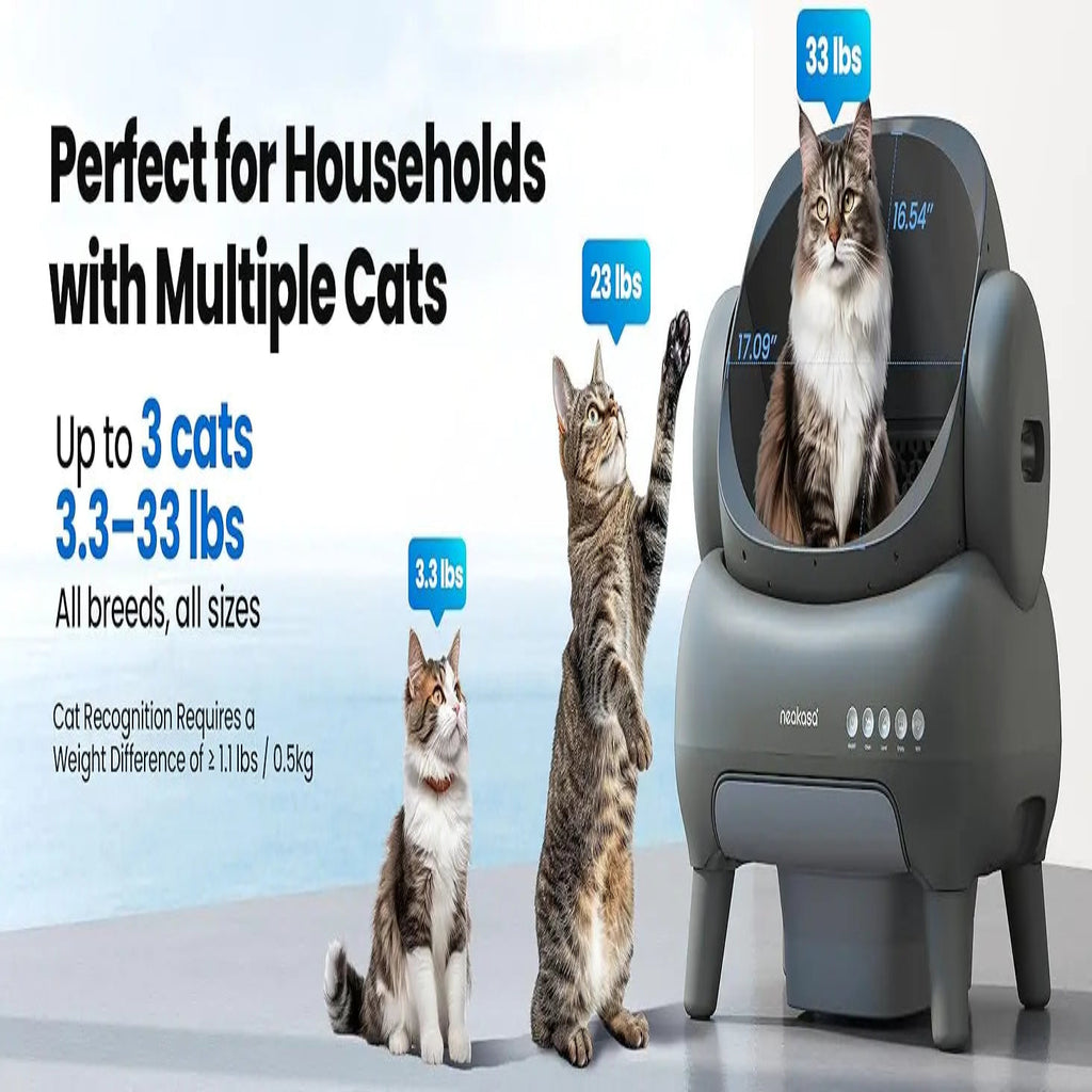 Cat weight scanner with text about its suitability for households with multiple cats.