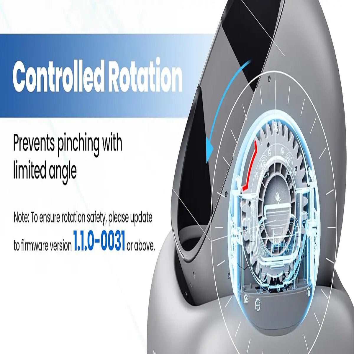 Technical diagram of a robot's controlled rotation mechanism with text on safety and firmware update.