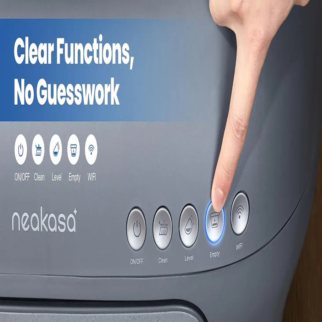 Neakasa device with control panel and a finger pressing a button, featuring text 'Clear Functions, No Guesswork'.