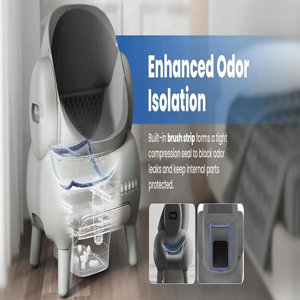 Pet litter box with enhanced odor isolation feature and brush strip illustration.