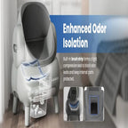 Pet litter box with enhanced odor isolation feature and brush strip illustration.