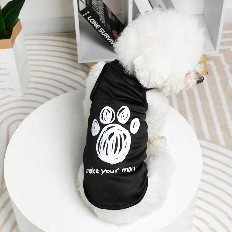 PAW graphic pet vest being worn by small dog — Pawnests