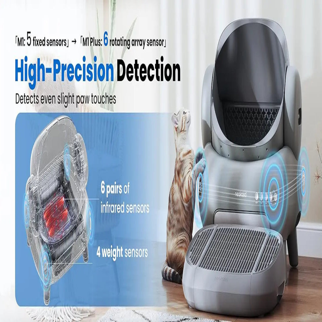 Pet activity monitor with sensors and a cat in the background