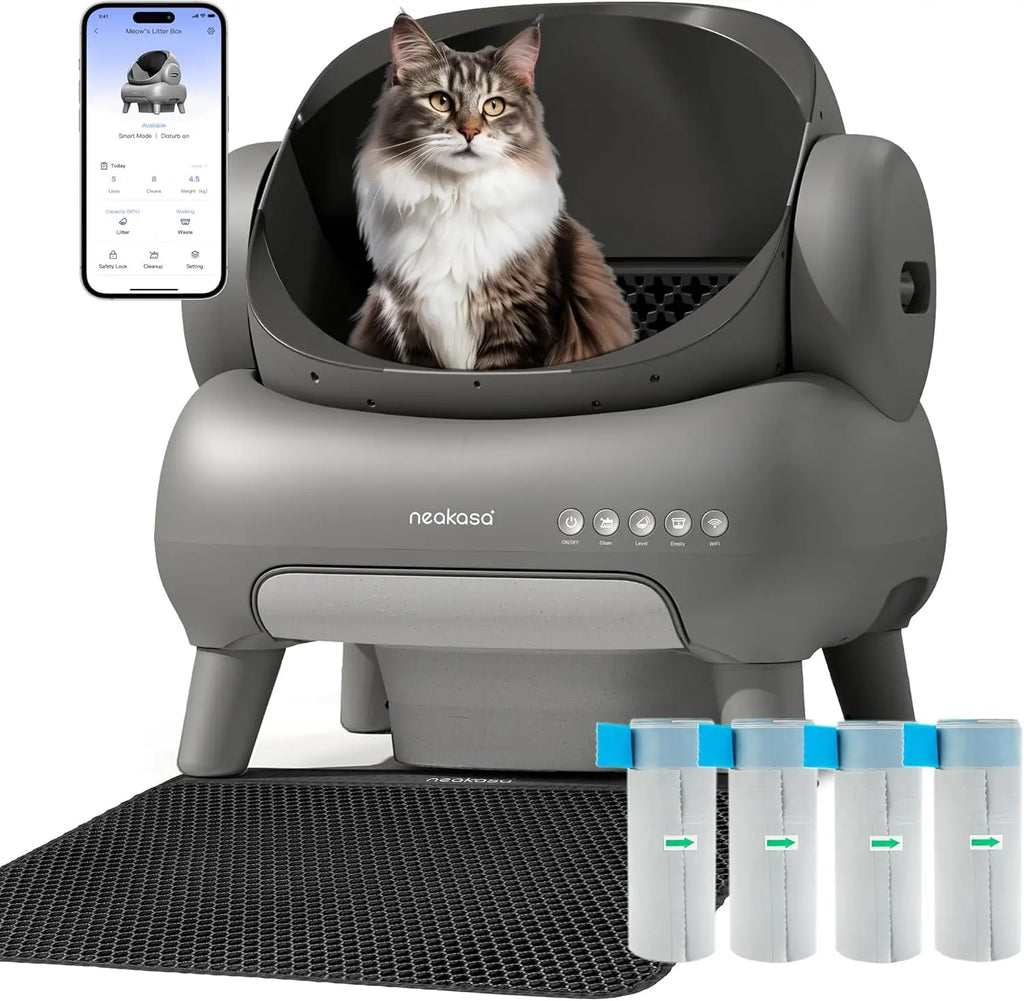 Gray pet exercise ball with a cat inside, app interface, and water bottles on a white background