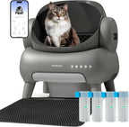 Gray pet exercise ball with a cat inside, app interface, and water bottles on a white background