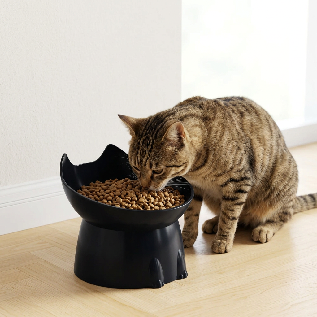 Tabby cat eating from a black raised tilted cat bowl on a wooden floor | Pawnests