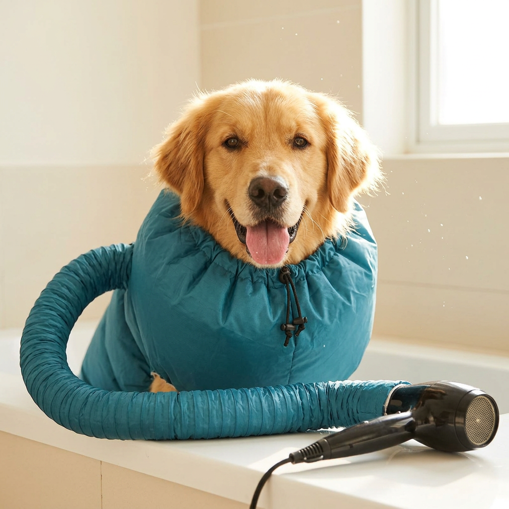 Happy golden retriever drying in a teal pet drying bag connected to a hair dryer | Pawnests