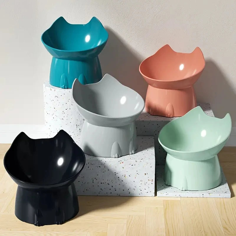 Five raised tilted cat bowls in black, blue, gray, pink and green | Pawnests
