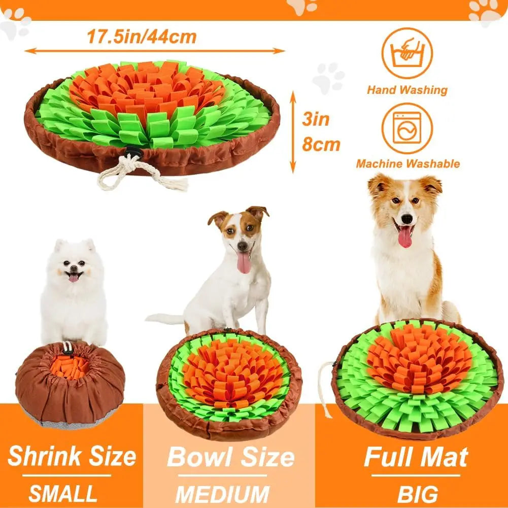 Orange and green snuffle mat size guide — small, medium and large modes | Pawnests