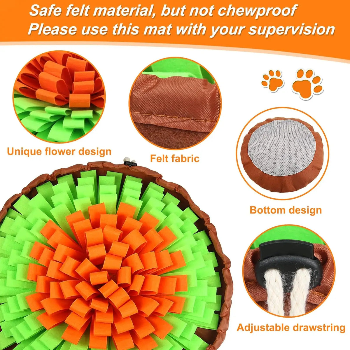 Snuffle mat details — soft felt petals, non-slip base and adjustable drawstring | Pawnests