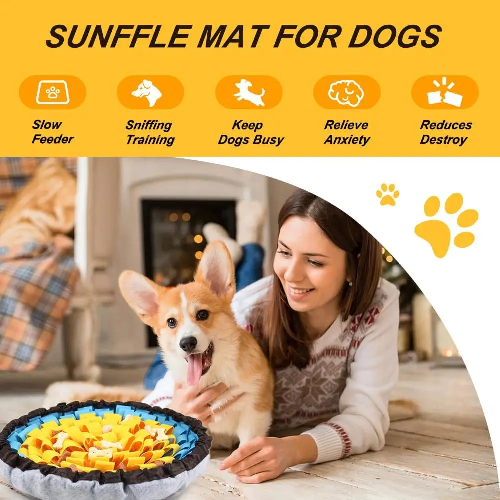 Corgi and owner with snuffle mat — slow feeder, sniffing training, anxiety relief | Pawnests
