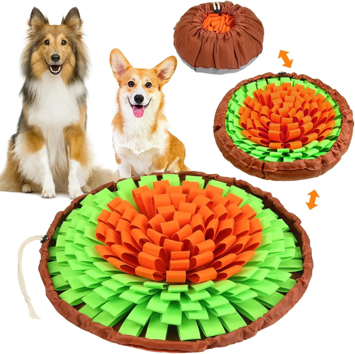 Collie and corgi with orange and green snuffle mat for dogs | Pawnests